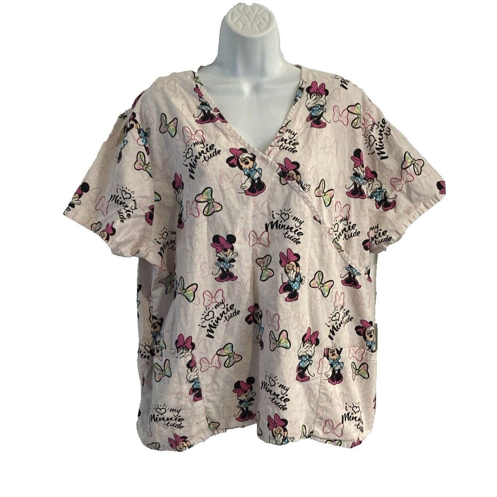 Disney Scrub Top Womens Plus Size 2XL Minnie Mouse With Pockets Faux Wrap S/S